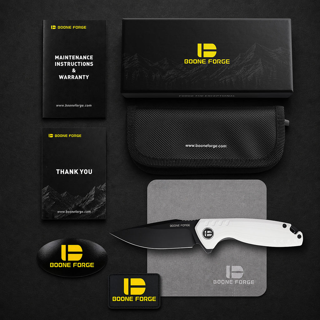BOONEFORGE Nightvein Premium EDC Flipper knife (3.39'' Black Titanium Plated 14C28N Blade & White G10 Handle) - BF011