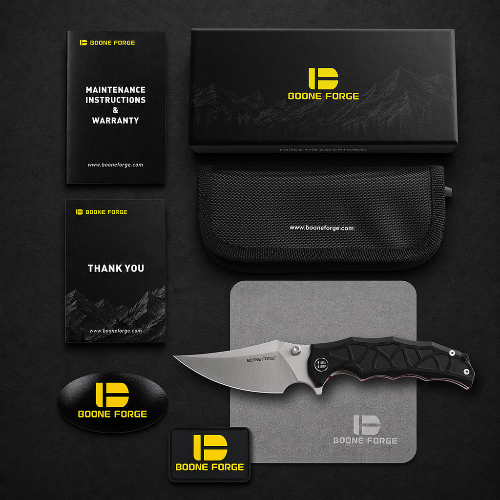 BOONEFORGE Ironstrider Premium EDC Fliper & Thumb Stud knife(3.81'' Satin 14C28N Blade & Black G10 Handle ) - BF013A