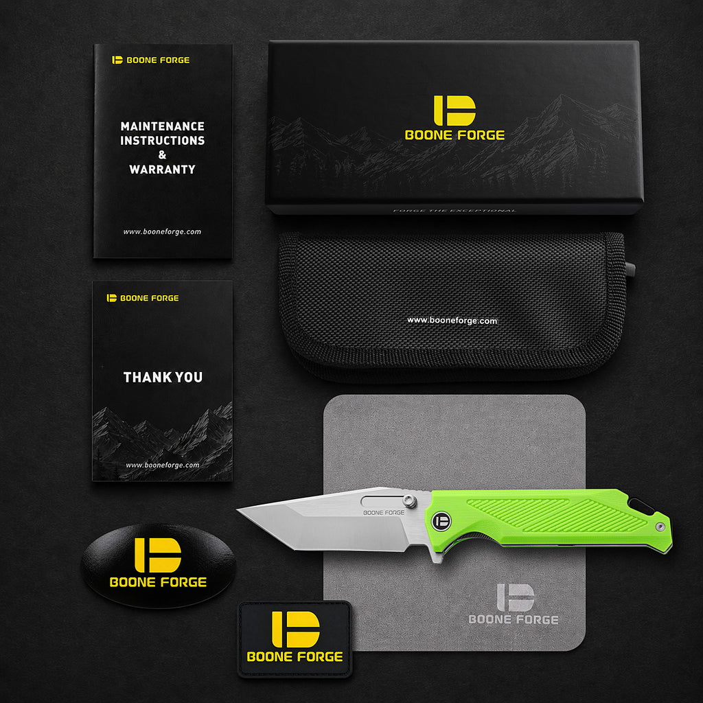 BOONEFORGE Blackshield Premium EDC Fliper & Thumb Stud knife ( 3.94'' Satin 14C28N Blade & Fluorescent green G10 Handle ) - BF014A