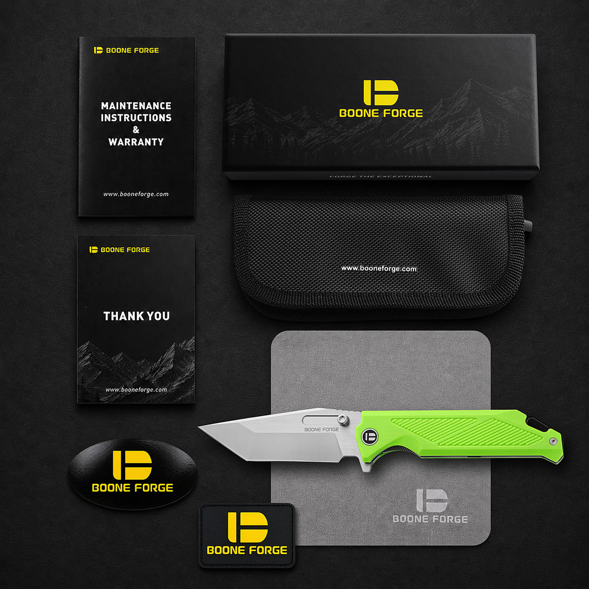 BOONEFORGE Blackshield Premium EDC Fliper & Thumb Stud knife ( 3.94'' Satin 14C28N Blade & Fluorescent green G10 Handle ) - BF014A