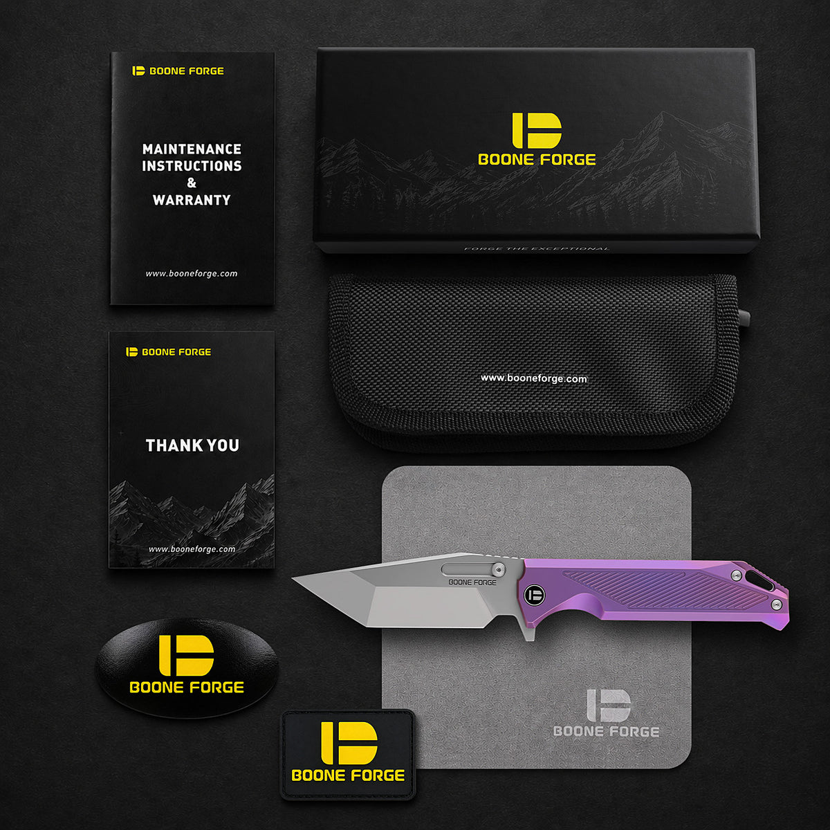 [PRE‑ORDER]BOONEFORGE Razorclaw Premium EDC Fliper & Thumb Stud knife(4.14'' Bead Blasted M390 Blade & Purple TC4 Titanium ) - BF014