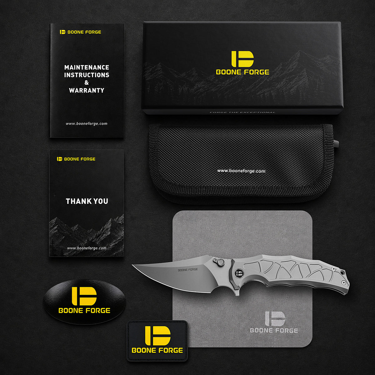 [PRE‑ORDER]BOONEFORGE Frostspine Premium EDC Fliper & Thumb Stud knife(4.06'' Bead Blasted M390  Blade & Grey TC4 Titanium Handle ) - BF013