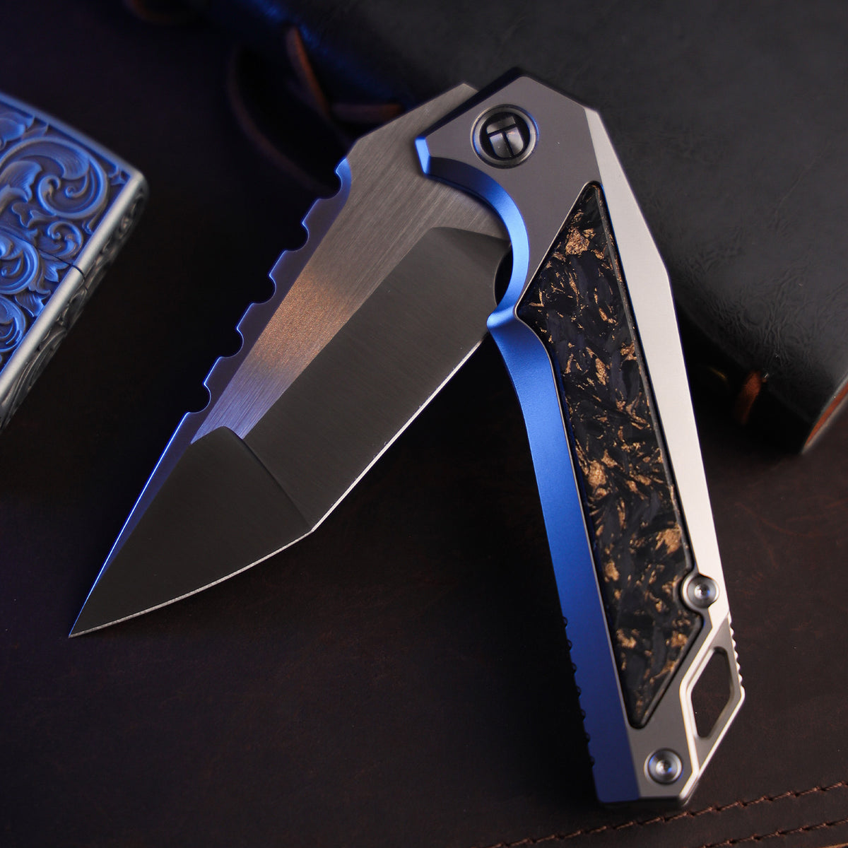 BOONEFORGE Hellfire Premium EDC Fliper & Thumb Stud knife( 3.7'' Satin BÖHLER M390 Blade & Grey TC4 Titanium/Carbon Fiber Handle ) - BF055