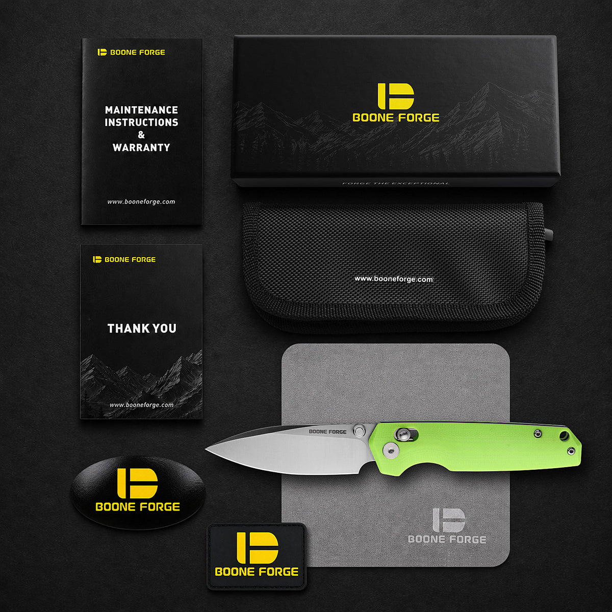 BOONEFORGE Darkedge Premium EDC Crossbar knife ( 3.05'' Satin 14C28N Blade & Fluorescent green G10 Handle ) - BF900