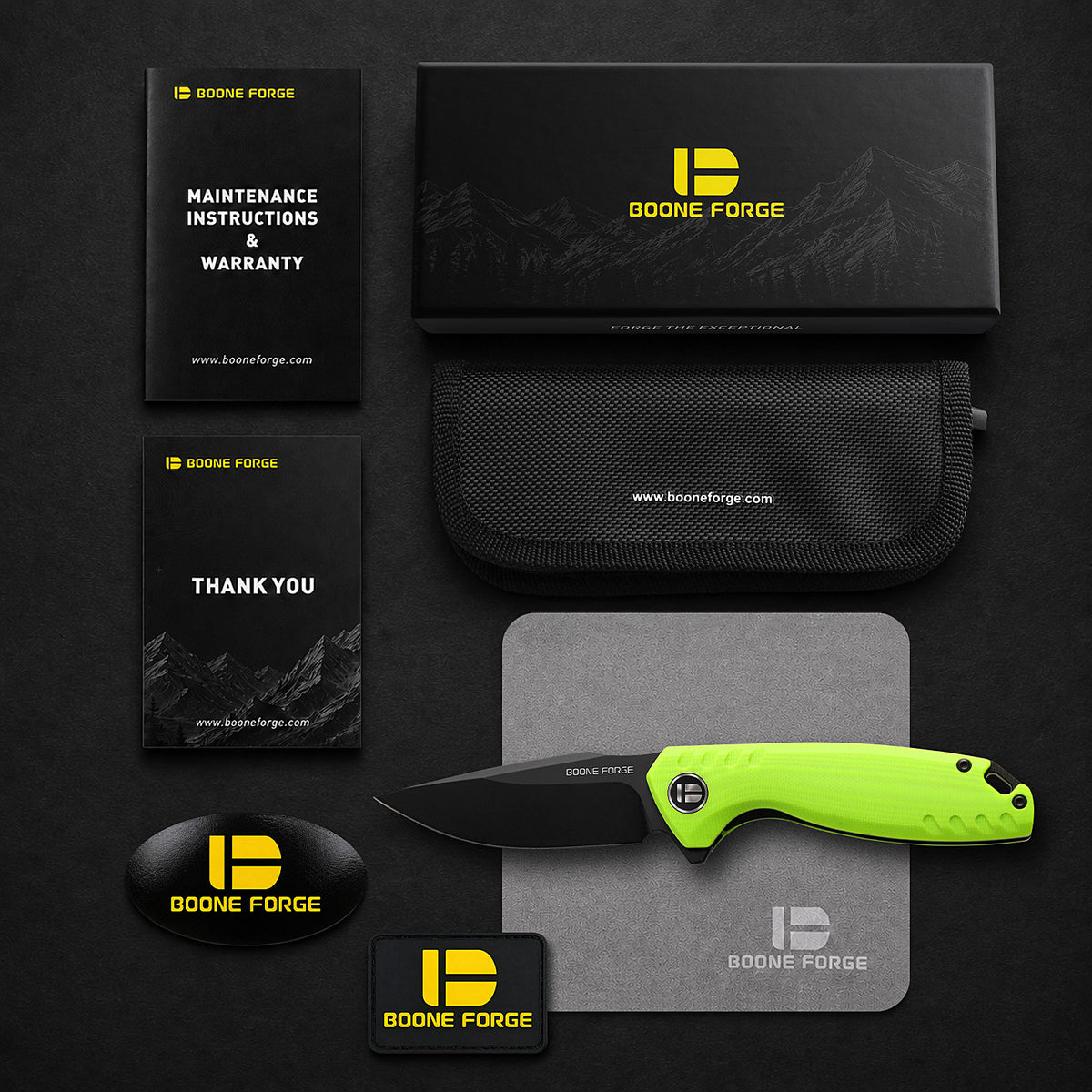 BOONEFORGE Nightvein Premium EDC Flipper knife (3.39'' Black Titanium Plated 14C28N Blade & Fluorescent green G10 Handle) - BF011