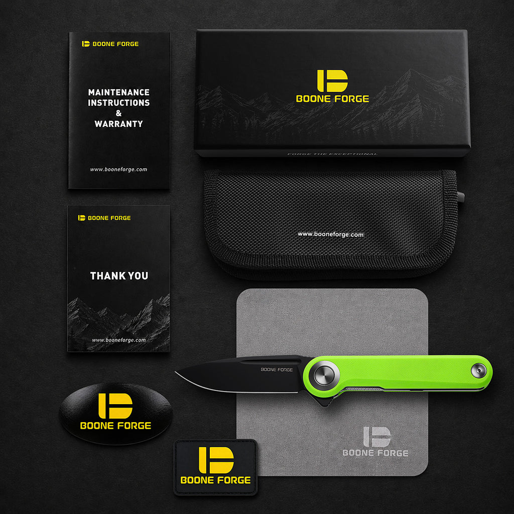 BOONEFORGE Ironjudge Premium EDC Flipper knife ( 3.39'' Black Titanium Plated 14C28N Blade & Fluorescent green G10 Handle ) - BF905