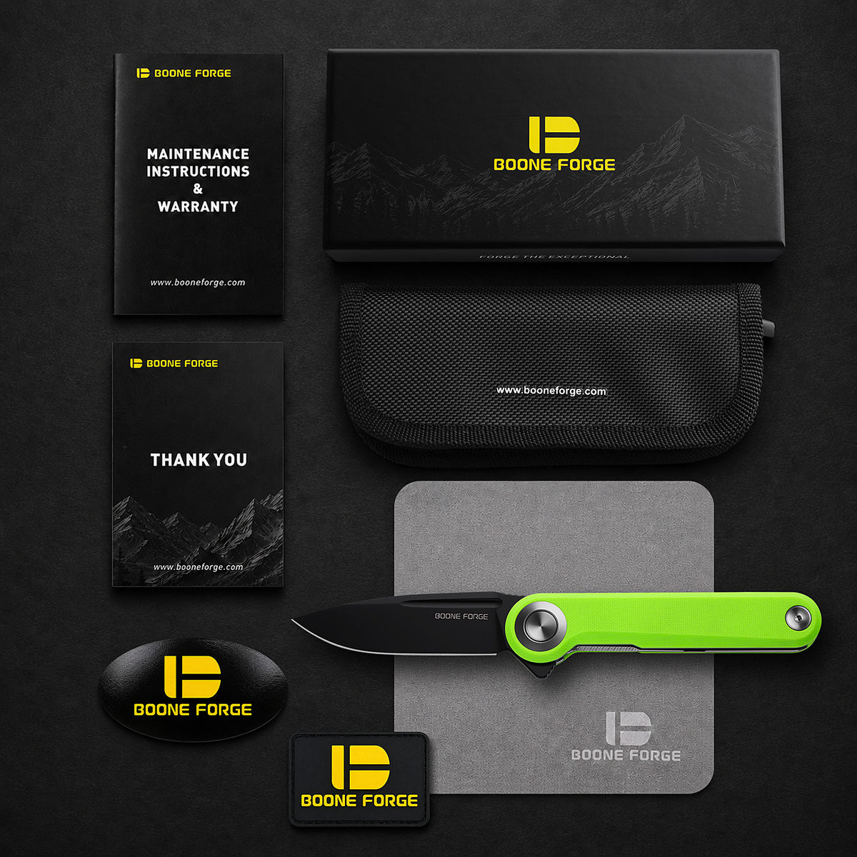 BOONEFORGE Ironjudge Premium EDC Flipper knife ( 3.39'' Black Titanium Plated 14C28N Blade & Fluorescent green G10 Handle ) - BF905