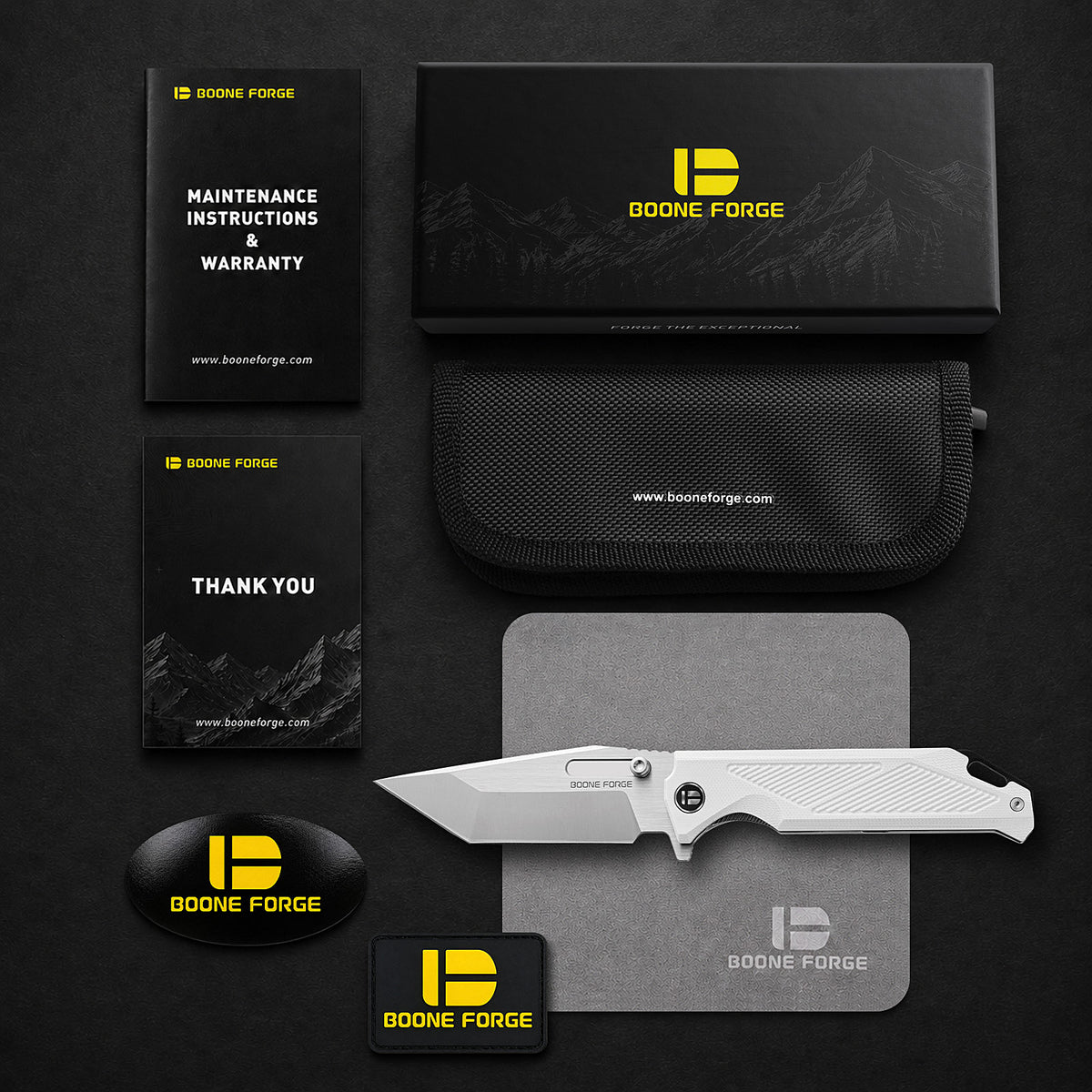 BOONEFORGE Blackshield Premium EDCFliper & Thumb Stud knife ( 3.94'' Satin 14C28N Blade & White G10 Handle ) - BF014A