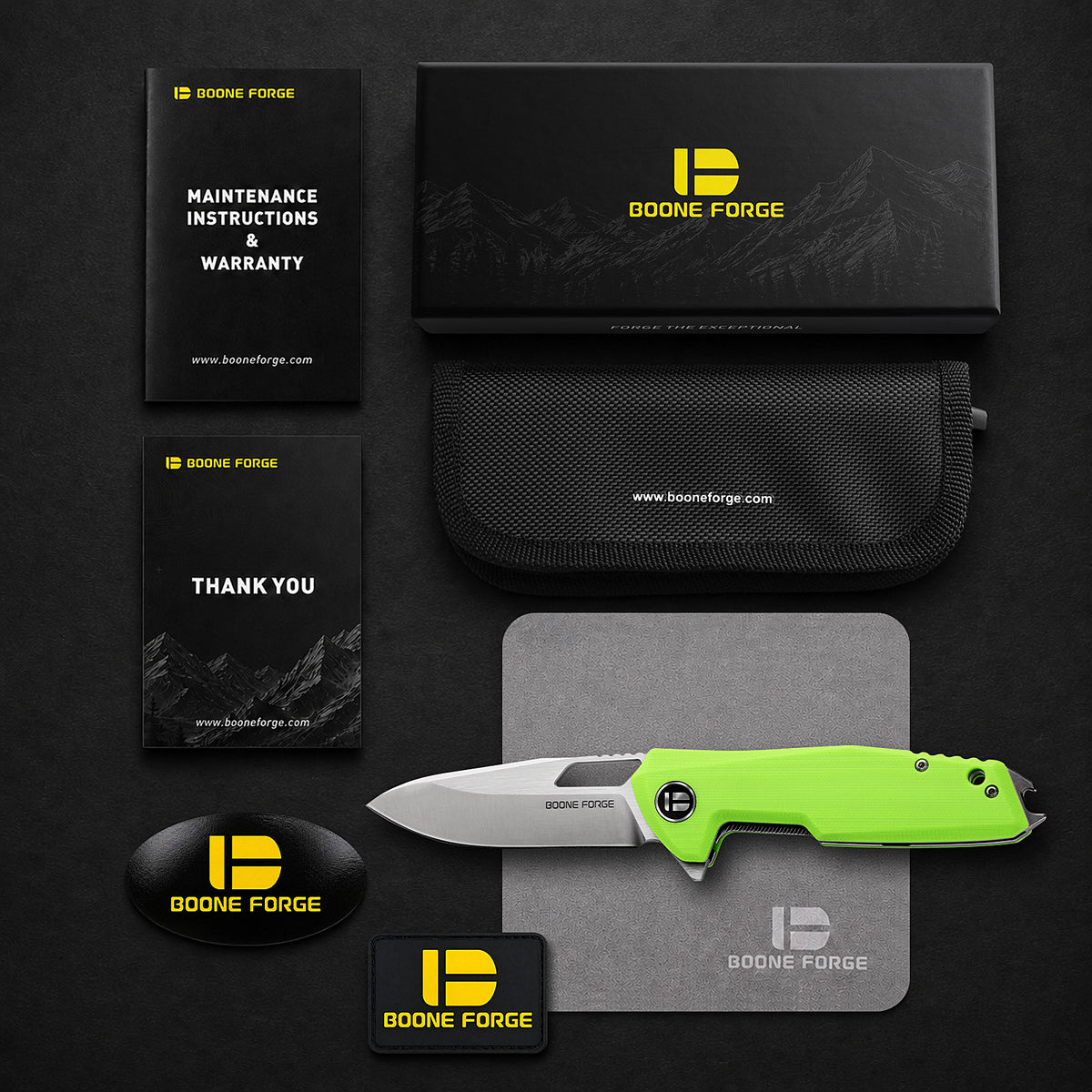 BOONEFORGE Berserker Premium EDC Flipper & Thumb hole knife( 3.07'' Satin 14C28N Blade & Fluorescent green G10 Handle ) - BF072