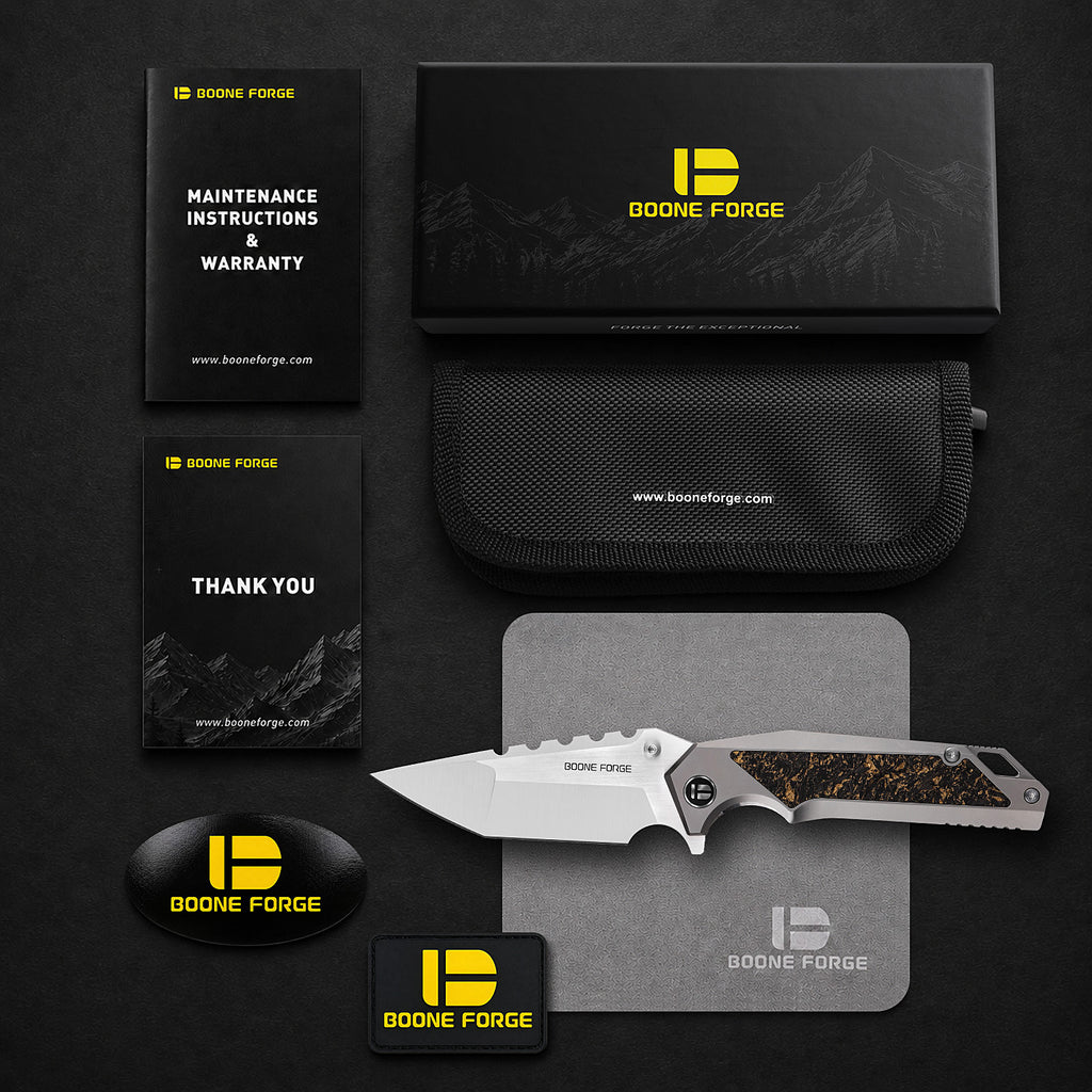 [PRE‑ORDER]BOONEFORGE Hellfire Premium EDC Fliper & Thumb Stud knife( 3.7'' Satin M390 Blade & Grey TC4 Titanium/Carbon Fiber Handle ) - BF055