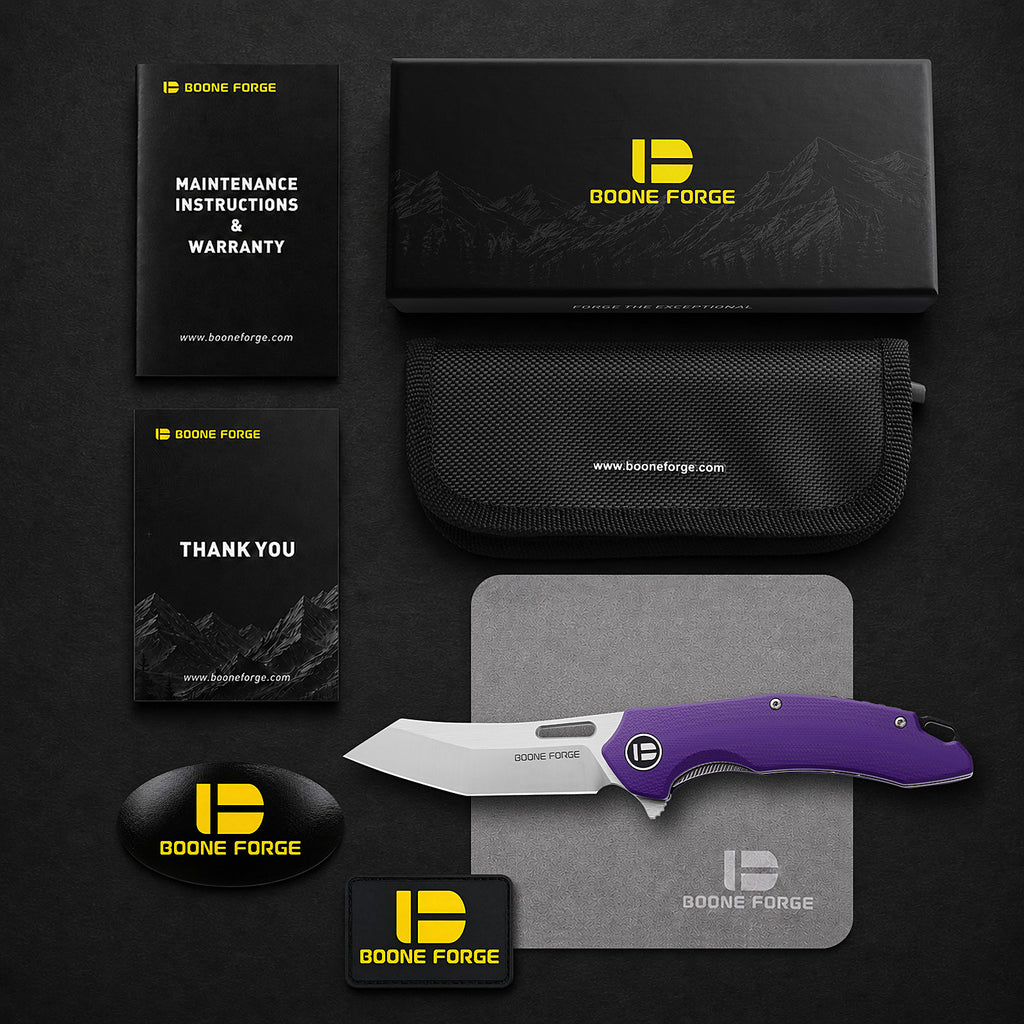 BOONEFORGE Sentinel Premium EDC Flipper & Thumb hole knife ( 3.34'' Satin 14C28N Blade & Purple G10 Handle ) - BF904