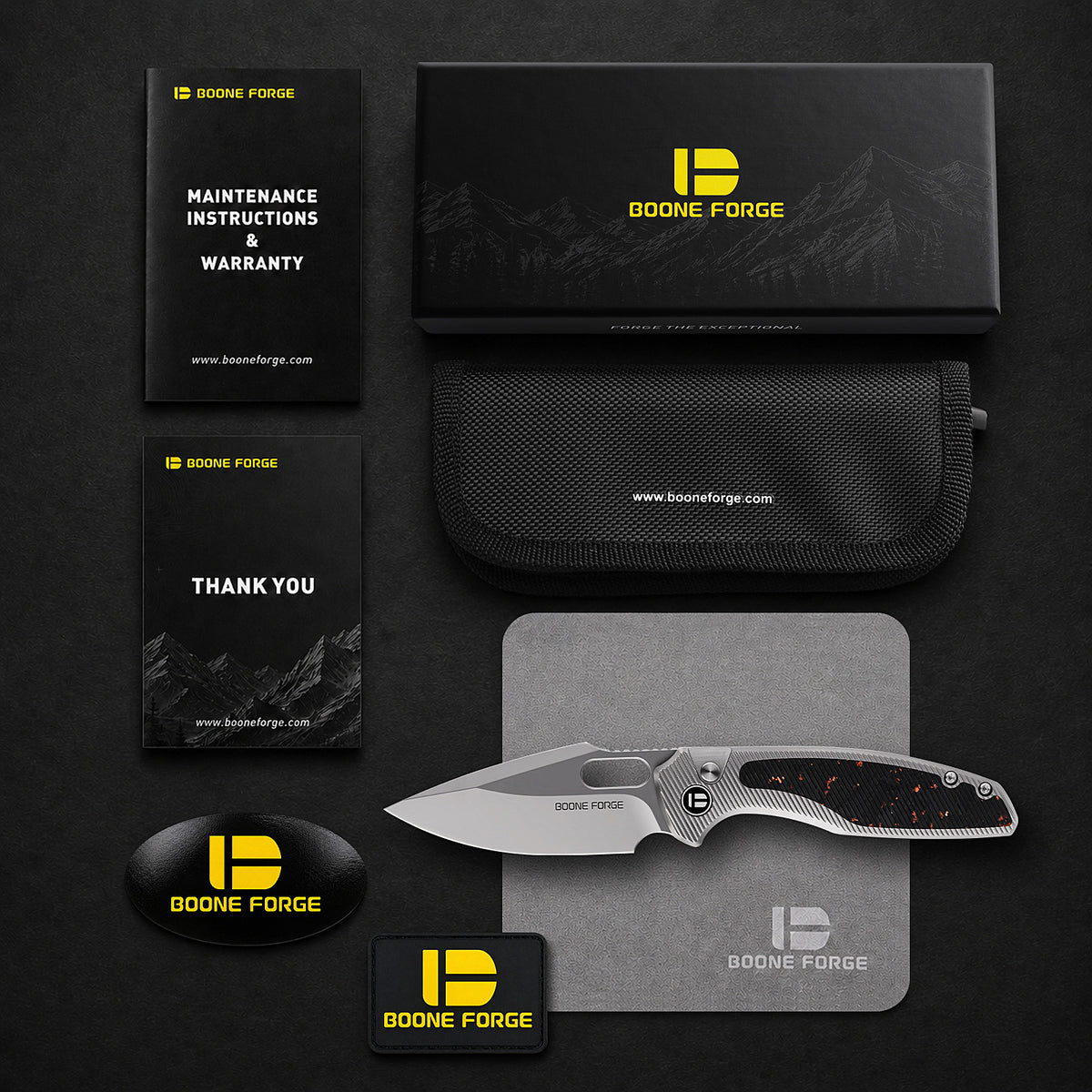 [PRE‑ORDER]BOONEFORGE Huntscar Premium EDC Button lock & Thumb hole knife ( 3.38'' Bead Blasted M390  Blade & Grey TC4 Titanium/Carbon Fiber Handle) - BF008