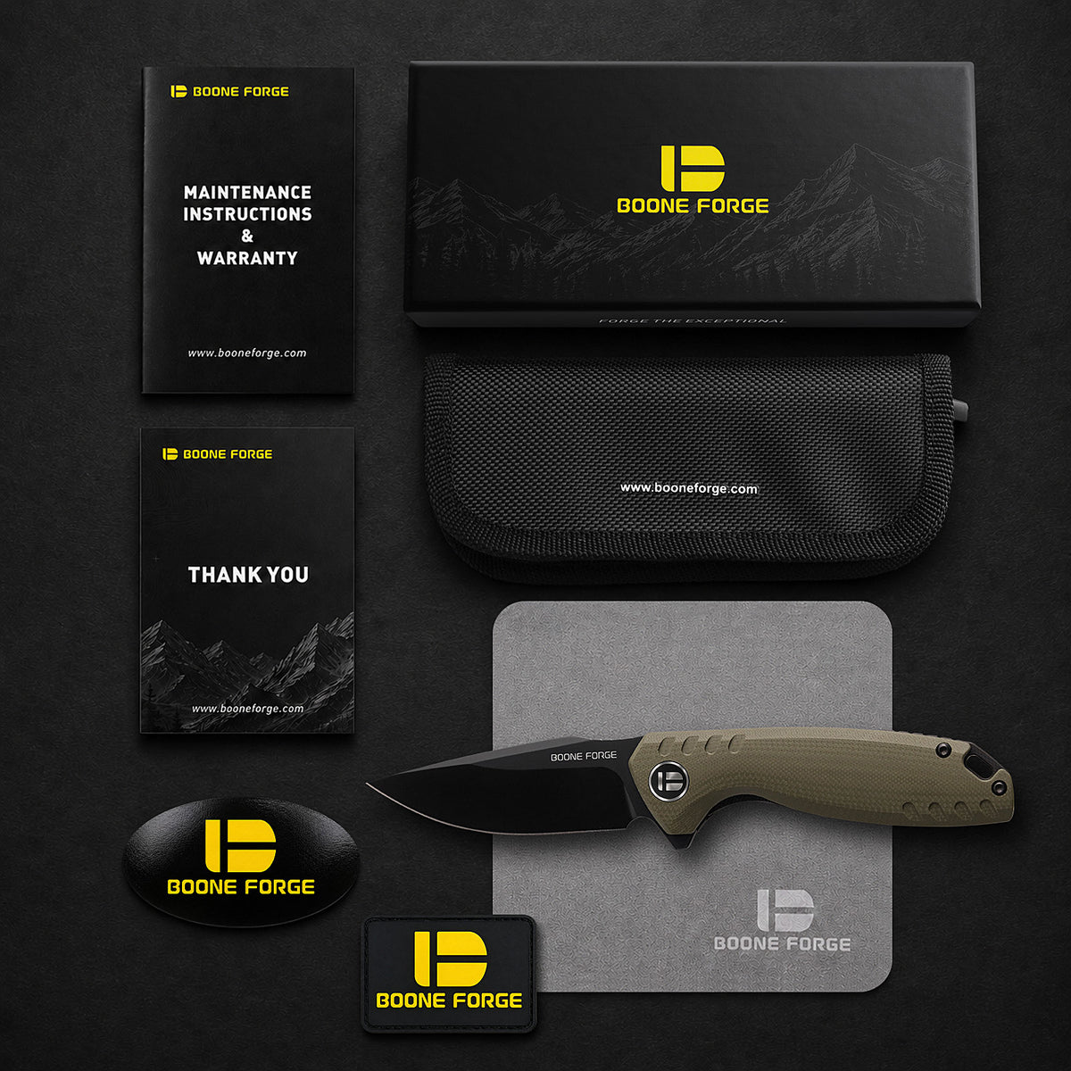 BOONEFORGE Nightvein Premium EDC Flipper knife (3.39'' Black Titanium Plated 14C28N Blade & Army green G10 Handle) - BF011