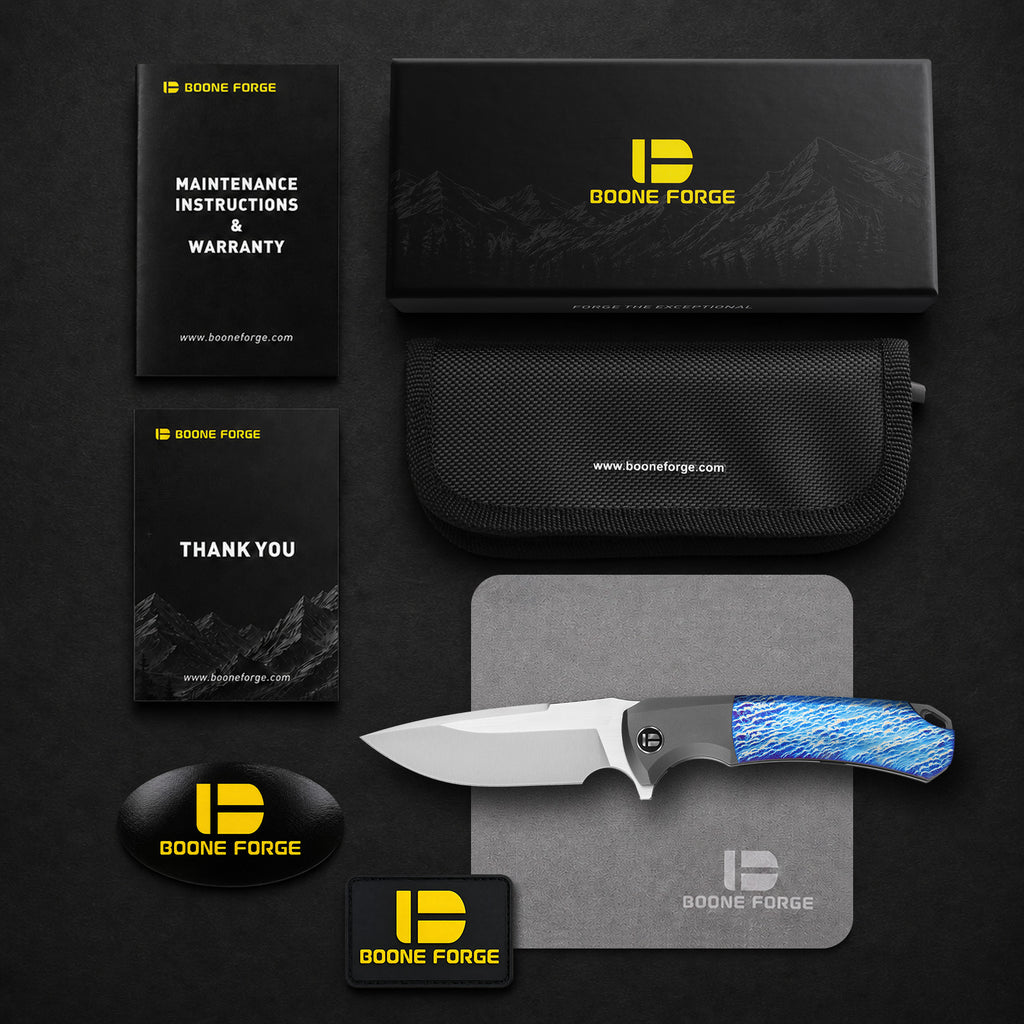 BOONEFORGE Valkyrie Premium EDC Fliper & Thumb Stud knife ( 3.77'' Satin BÖHLER M390 Blade & Grey TC4 Titanium Handle ) - BF054
