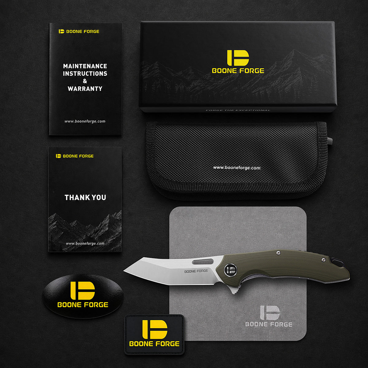 BOONEFORGE Sentinel Premium EDC Flipper & Thumb hole knife ( 3.34'' Satin 14C28N Blade & Army green G10 Handle ) - BF904