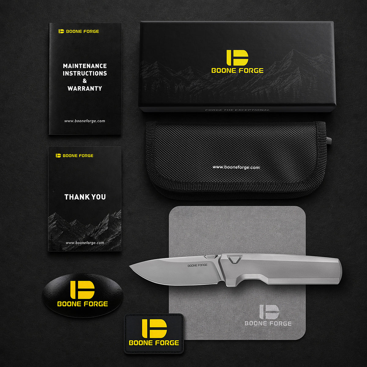 [PRE‑ORDER]BOONEFORGE Forestwrath Premium EDC Button lock & Thumb stud knife ( 3.31" Bead Blasted M390 Blade & Grey TC4 Titanium Handle) - BF006