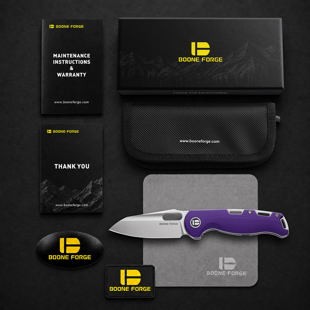 BOONEFORGE Warmark Premium EDC Manual thumb knife ( 3.33'' Satin 14C28N Blade & Purple G10 Handle) - BF009