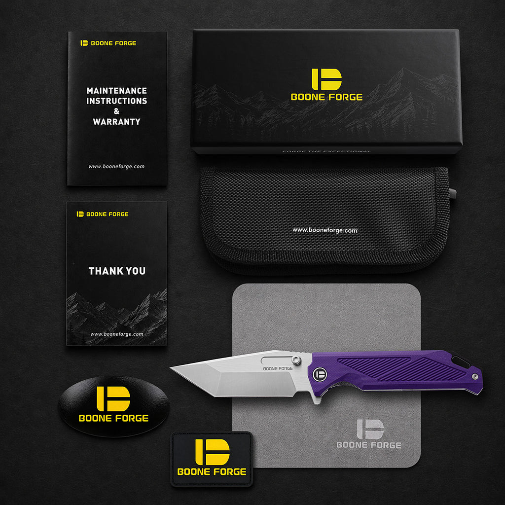 BOONEFORGE Blackshield Premium EDC Fliper & Thumb Stud knife ( 3.94'' Satin 14C28N Blade & Purple G10 Handle ) - BF014A