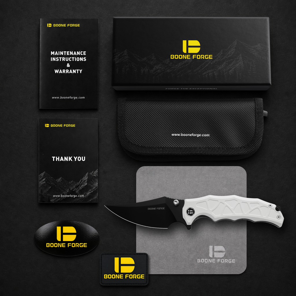 BOONEFORGE Ironstrider Premium EDC Fliper & Thumb Stud knife(3.81'' Black Titanium Plated 14C28N Blade & White G10 Handle ) - BF013A