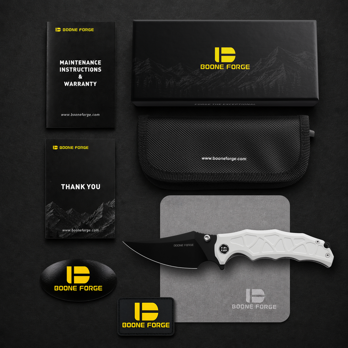 BOONEFORGE Ironstrider Premium EDC Fliper & Thumb Stud knife(3.81'' Black Titanium Plated 14C28N Blade & White G10 Handle ) - BF013A