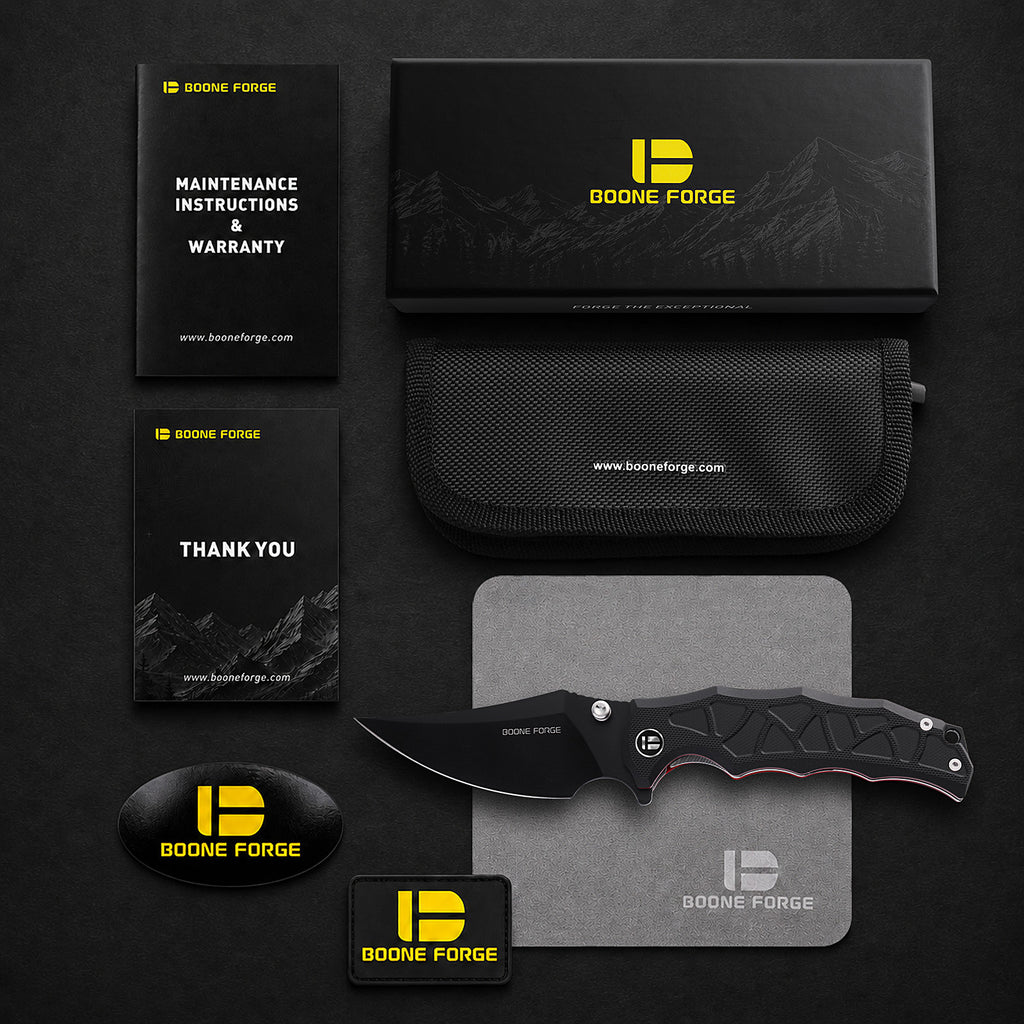 BOONEFORGE Ironstrider Premium EDC Fliper & Thumb Stud knife(3.81'' Black Titanium Plated 14C28N Blade & Black G10 Handle ) - BF013A