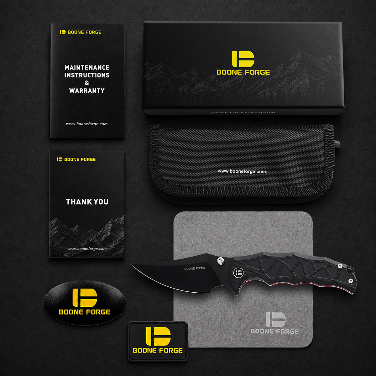 BOONEFORGE Ironstrider Premium EDC Fliper & Thumb Stud knife(3.81'' Black Titanium Plated 14C28N Blade & Black G10 Handle ) - BF013A