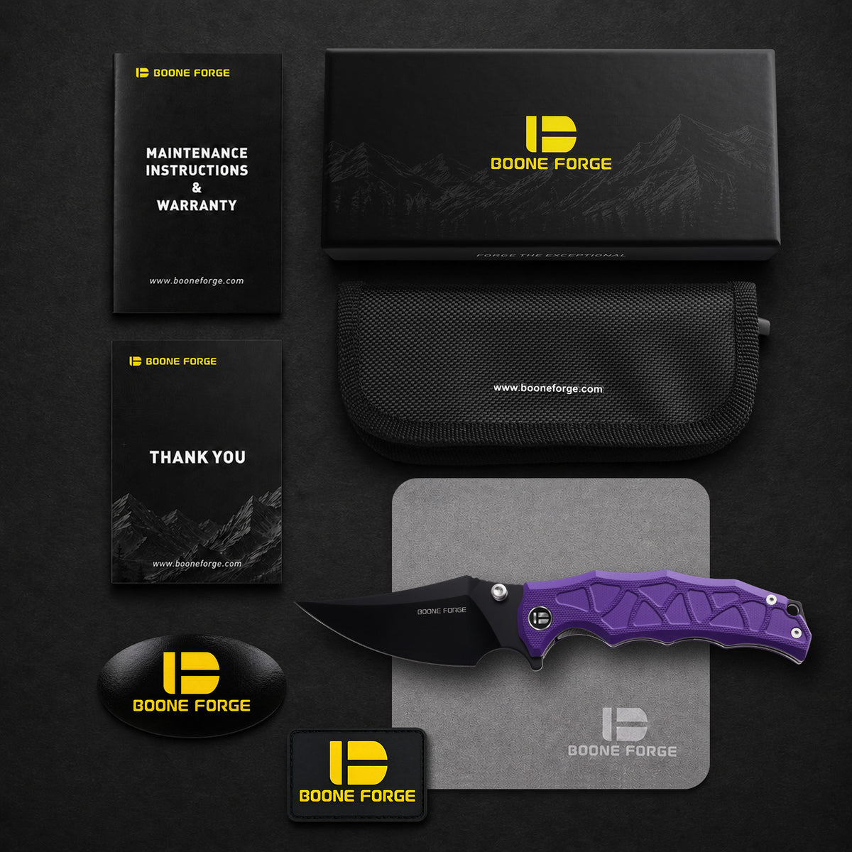 BOONEFORGE Ironstrider Premium EDC Fliper & Thumb Stud knife(3.81'' Black Titanium Plated 14C28N Blade & Purple G10 Handle ) - BF013A