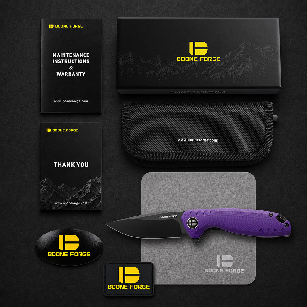 BOONEFORGE Nightvein Premium EDC Flipper knife (3.39'' Black Titanium Plated 14C28N Blade & Purple G10 Handle) - BF011