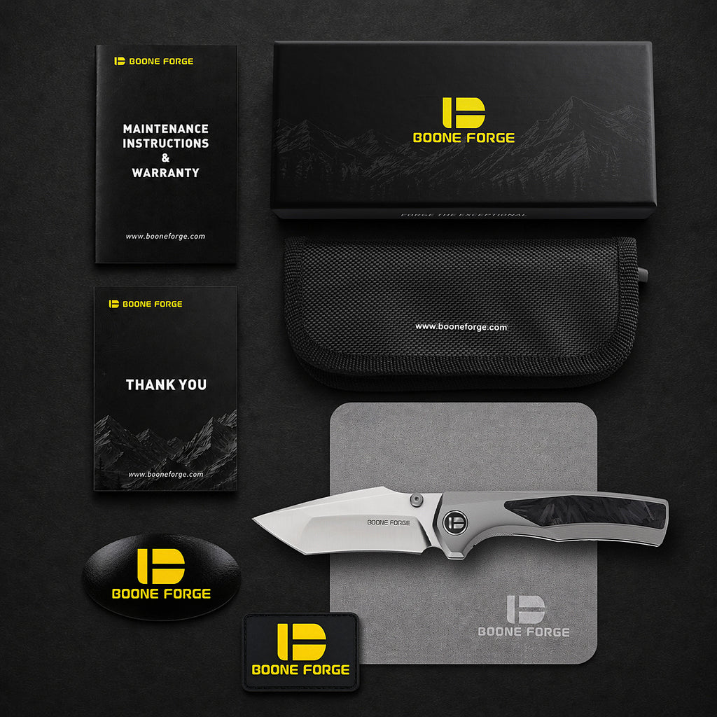 [PRE‑ORDER]BOONEFORGE Bloodfang Premium EDC Thumb stud knife ( 3.41" Bead Blasted M390 Blade & Grey TC4 Titanium/Carbon Fiber Handle) - BF007