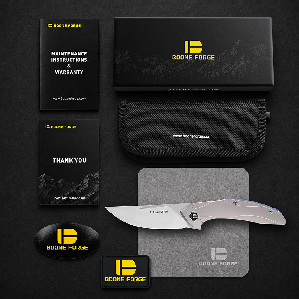 [PRE‑ORDER]BOONEFORGE Titan Premium EDC Fliper & Thumb Stud knife ( 3.54'' Satin M390 Blade & Grey TC4 Titanium Handle ) - BF056