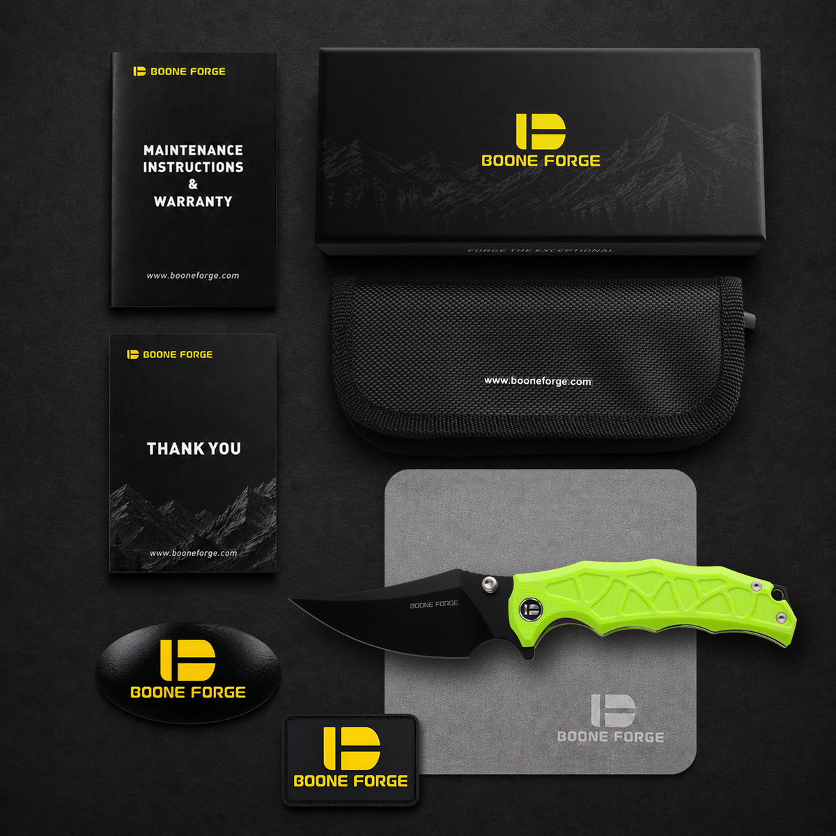 BOONEFORGE Ironstrider Premium EDC Fliper & Thumb Stud knife(3.81'' Black Titanium Plated 14C28N Blade & Fluorescent green G10 Handle ) - BF013A