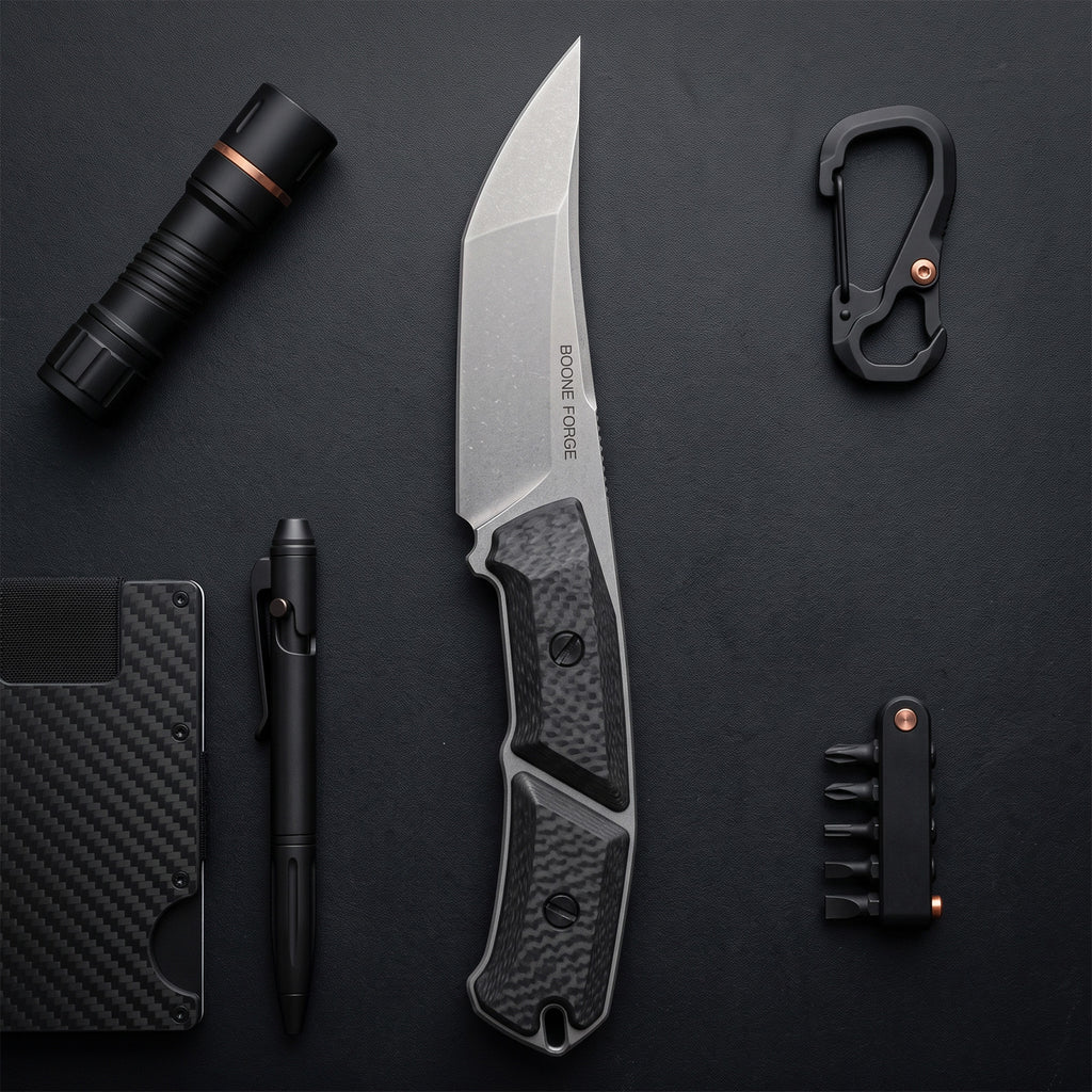 BOONEFORGE Edge Premium EDC Fixed blade knife ( 4.02'' Bead Blasted Stonewash 14C28N Blade & Black Carbon Fiber Handle ) - FD050