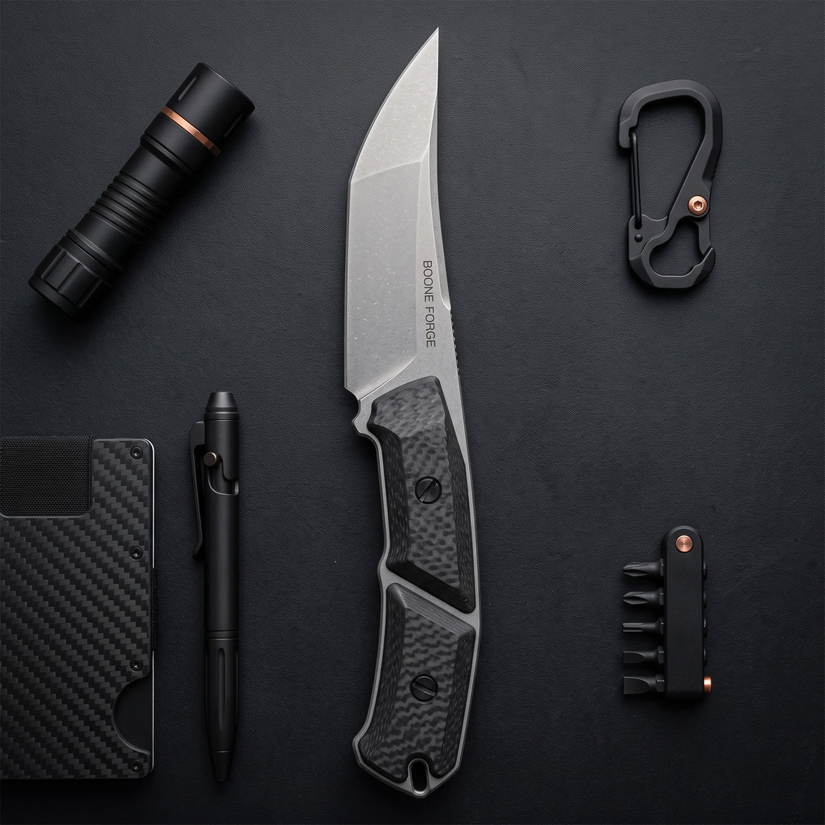 BOONEFORGE Edge Premium EDC Fixed blade knife ( 4.02'' Bead Blasted Stonewash 14C28N Blade & Black Carbon Fiber Handle ) - FD050