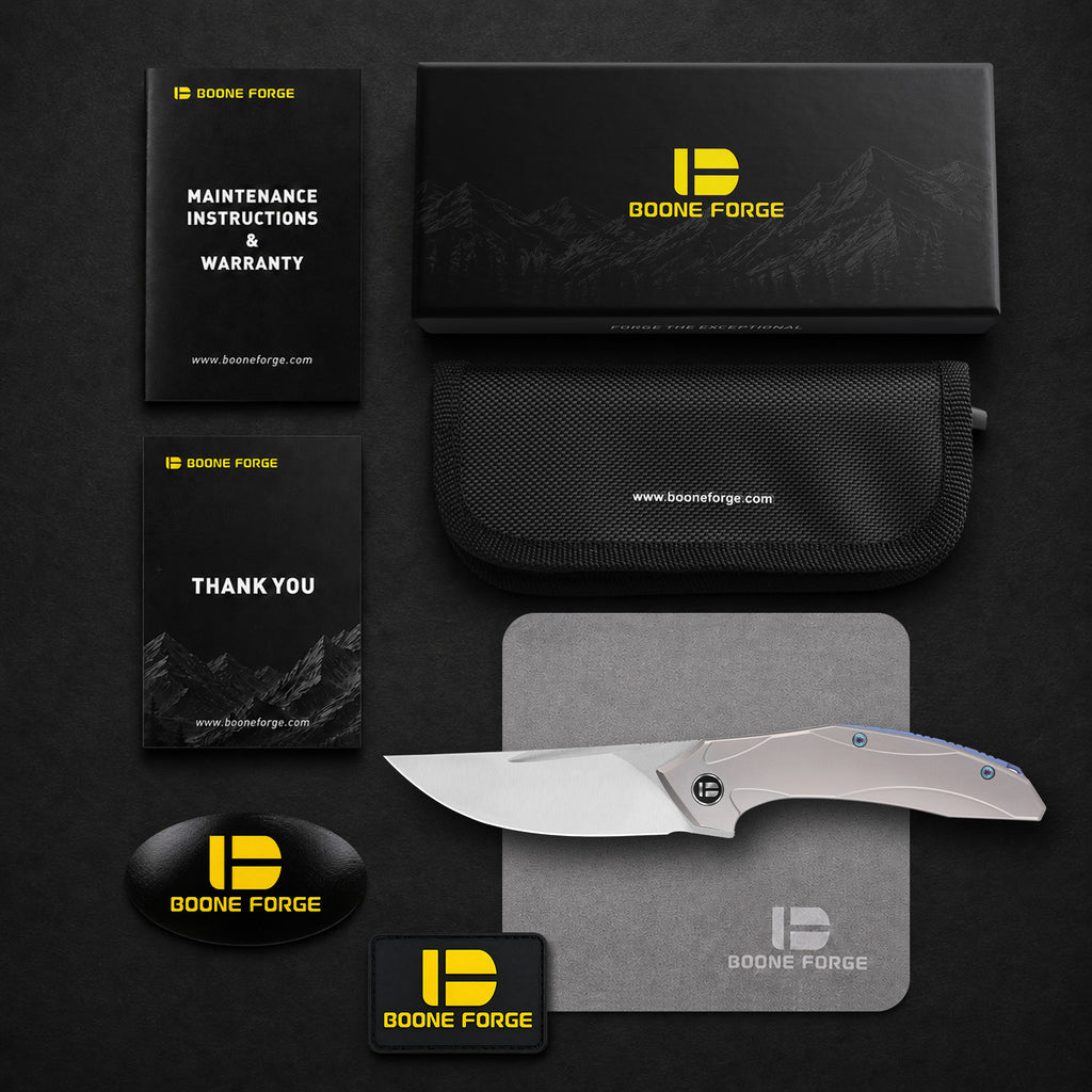 BOONEFORGE Titan Premium EDC Fliper & Thumb Stud knife ( 3.54'' Satin BÖHLER M390 Blade & Grey TC4 Titanium Handle ) - BF056
