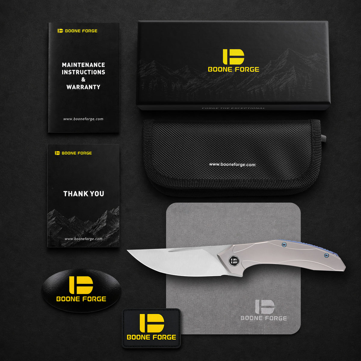 BOONEFORGE Titan Premium EDC Fliper & Thumb Stud knife ( 3.54'' Satin BÖHLER M390 Blade & Grey TC4 Titanium Handle ) - BF056