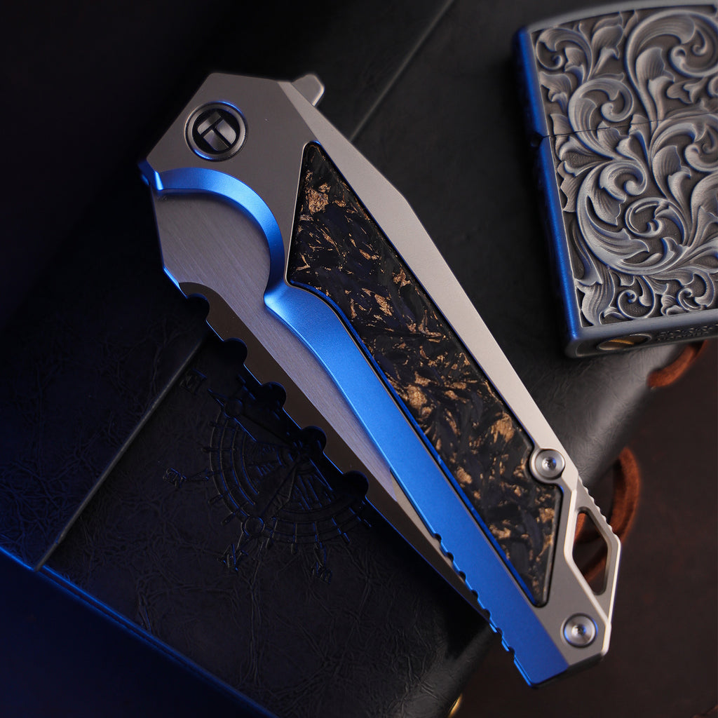 BOONEFORGE Hellfire Premium EDC Fliper & Thumb Stud knife( 3.7'' Satin BÖHLER M390 Blade & Grey TC4 Titanium/Carbon Fiber Handle ) - BF055