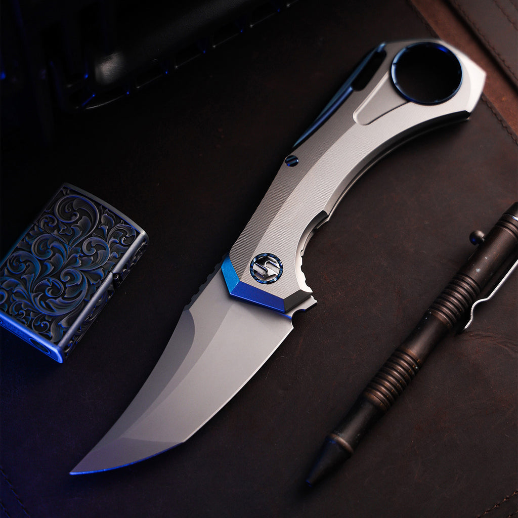 BOONEFORGE Stormwrath Premium EDC Flipper knife ( 3.49'' Bead Blasted BÖHLER M390 Blade & Grey TC4 Titanium Handle ) - BF071